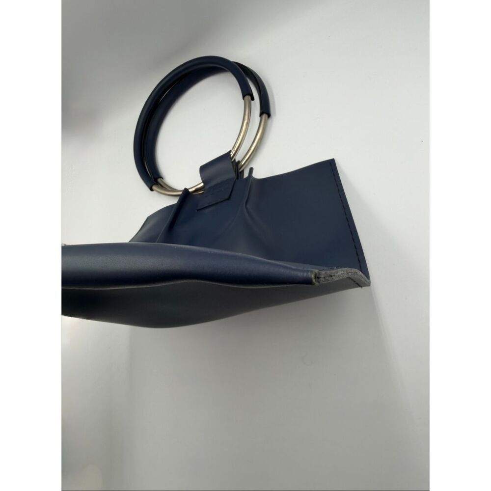 KLISAB Blue Leather Ring Handle Tote Bag Minimalist Top Handle Purse Handmade - Picture 8 of 13